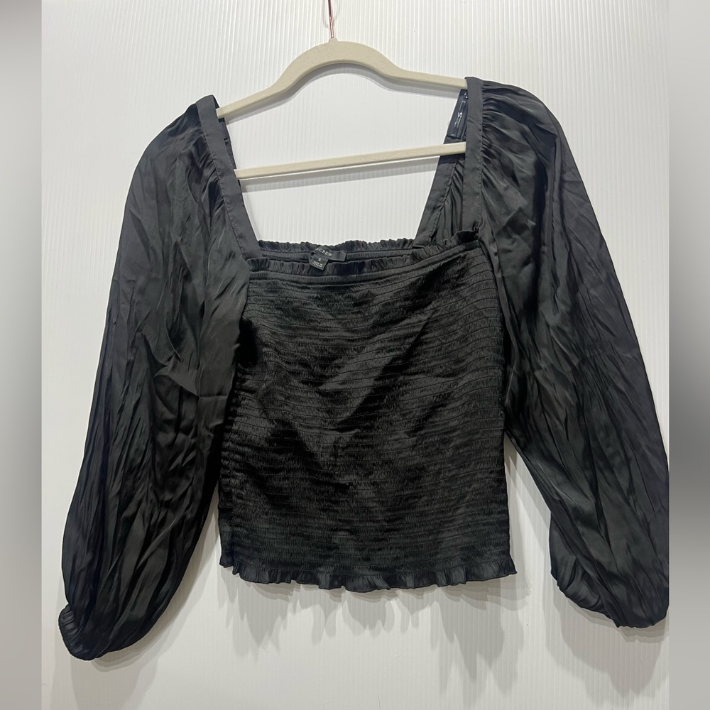 J Crew Womens Black Satin Smocked Long Sleeve Crop Blouse - Picture 2 of 9